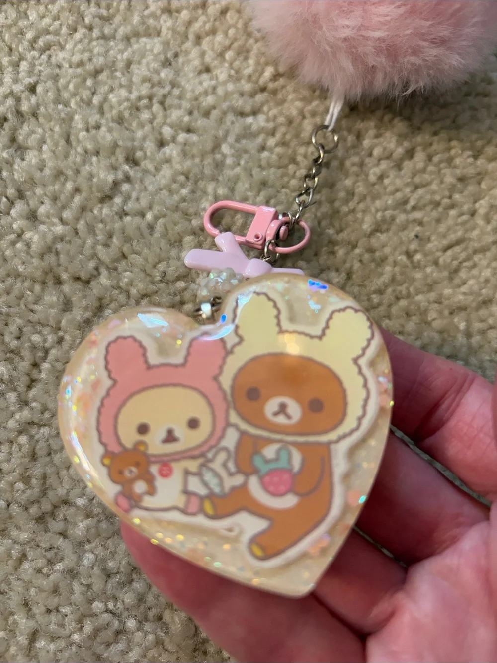Pink Pom Pom Heart Shaped Resin Keychain with Cute Bears